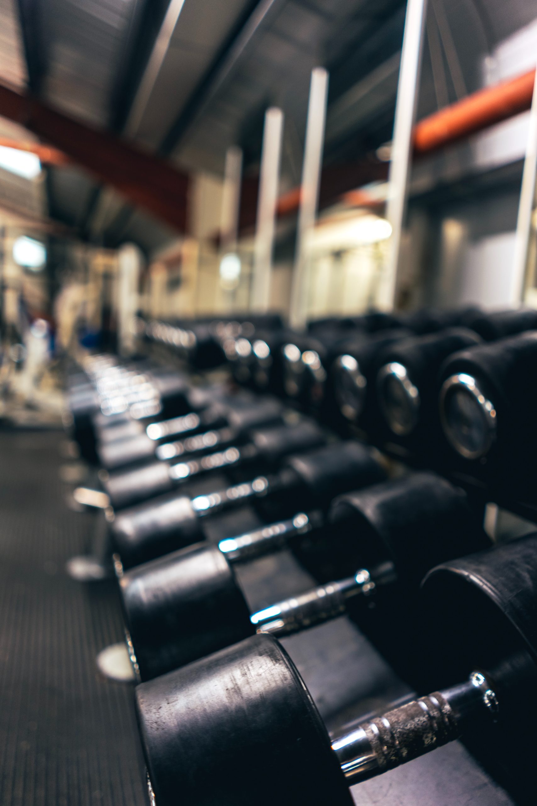 Image of a wall of dumbbells.
